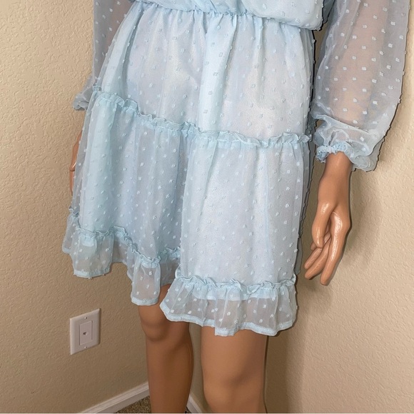 Dress swiss dot baby blue long puff sleeve tiered lined elastic waist SZ SM mini - Picture 9 of 9
